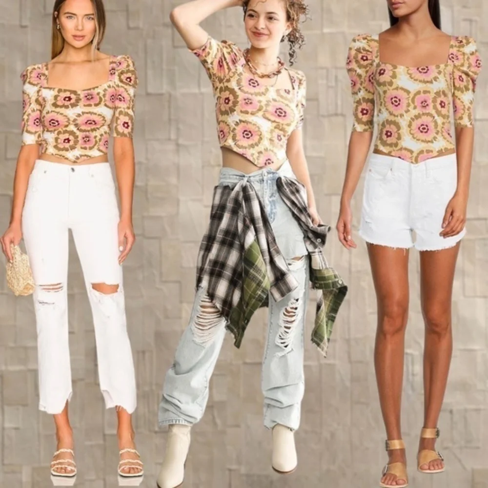 FREE PEOPLE NWT Give Me More Floral 1/2 Sleeve Fitted Open-Strap-Back Crop Top